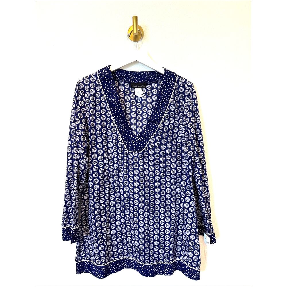 La Blanca Navy and White Coastal Printed V-Neck Tunic Cotton Top Resort, Summer